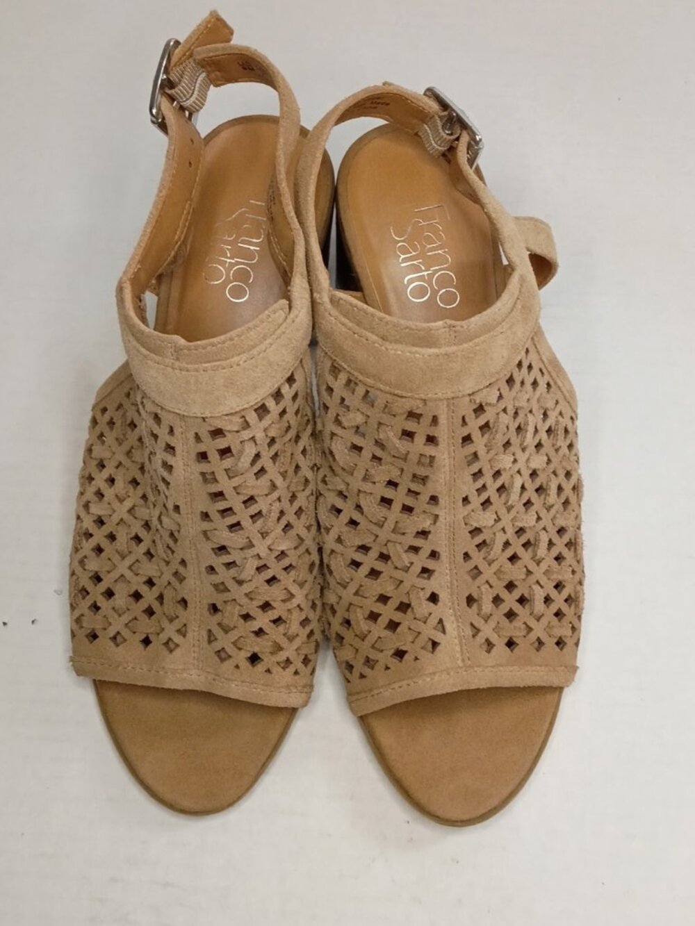Franco Sarto Harlet 3 Tan Suede Perforated Block Heel Sandals Women's Size 9M